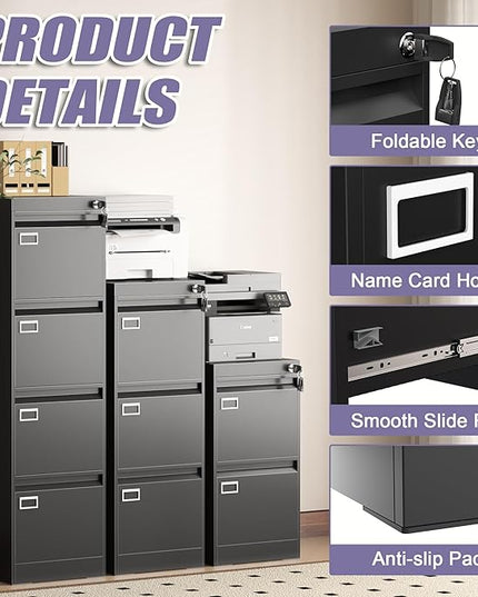 3 Drawer Metal File Cabinet with Lock, Small Locking Filing Cabinets, Vertical File Cabinet with Key, Black Under Desk Filing Cabinets for Home Office