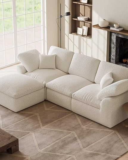 Cloud Sectional Couches for Living Room, L Shaped Modular Sectional Sofa with Ottoman, Convertible Corduroy Couch for Apartment, 4 Seater Boneless Comfy Cloud Sofa, No-Assembly, Cream