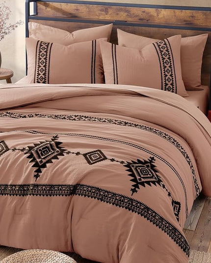 MaiRêve Embroidery Comforter Set, Boho Farmhouse Western Bedding Set, All Season Bed in A Bag Comforter Set with Sheets, Pillowcases & Shams, Dusty Pink King 7 Pieces