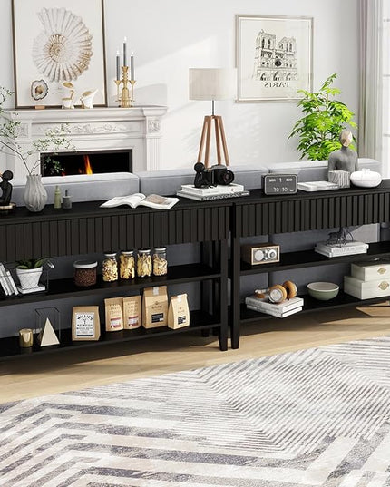 LAZZO Painted Wood Console Table Narrow Long Modern Fluted Entryway Table Behind Sofa Couch with 3 Drawers and 2-Tier Storage Shelf for Living Room, Foyer and Hallway (Black, 2 Tiers)