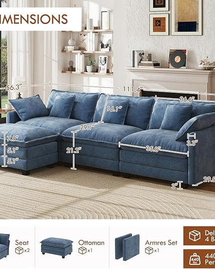 WorthFurni 111.4” Cloud Couch, Modular Sectional Sofa with Ottoman, Comfy Modern 3-Seater Couches with Pillows & Upholstered Deep Seat Cushion for Apartment Living Room Bedroom (Blue)