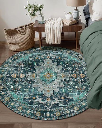 Ciicool Washable Area Rug Round 4’x4’ Teal Boho Bedroom Non-Slip Oriental Entry Throw Low-Pile Indoor Floor Carpet for Living Room Laundry Foyer Decor (Teal/Multi)