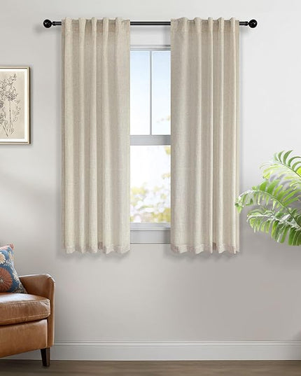Flax Linen Curtains 38 Inch Width for Kitchen Farmhouse 2 Panels Back Tab Pocket Light Reducing Semi Sheer Tan Beige Curtains for Bathroom Window Door Entryway Cottage Decor Wide 38x45 Inch Length