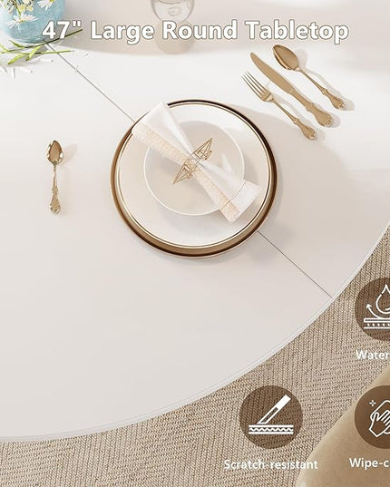 Round Dining Table for 4-6, Kitchen Table with Sturdy Double Arc & Rounded Base & Backboard Clasp Desktop, Mid-Century Modern Circle Dinner Table for Dining Living Room, Space Saving, White
