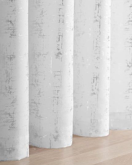 Taisier Home Silver Foil Print Linen Textured Curtains - Geometric Dots Pattern Design for Nursery, Toy Room - Thermal Insulated Window Treatment, 2 Panels, 54" L, White and Silver