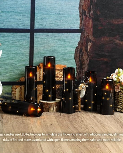 Flickering Flameless LED Candles, 9 Pcs with Embedded Star String, Acrylic LED Pillar Candles with Remote, Suitable for Home Decoration (Black)