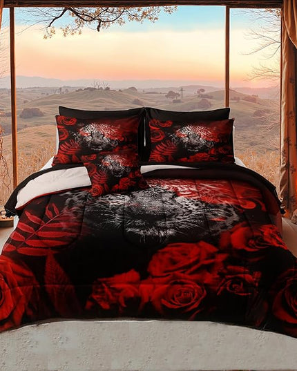 Bedbay Red Rose Leopard Comforter Set California King 8 Pcs Bed in a Bag Cheetah Bedding Teen Women Adults Men Leopard Bedding Wild Animal and Rose Flower California King Bed Set (Black,Cal-King)