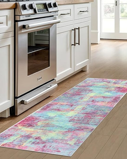 IOHOUZE Abstract Runner Rug 2x6 Ft Washable Runners for Hallways, Non Slip Kitchen Runner Printed Faux Wool Entryway Runner Indoor, Modern Abstract Floor Carpet for Hall Kitchen Bedroom, Pink Teal