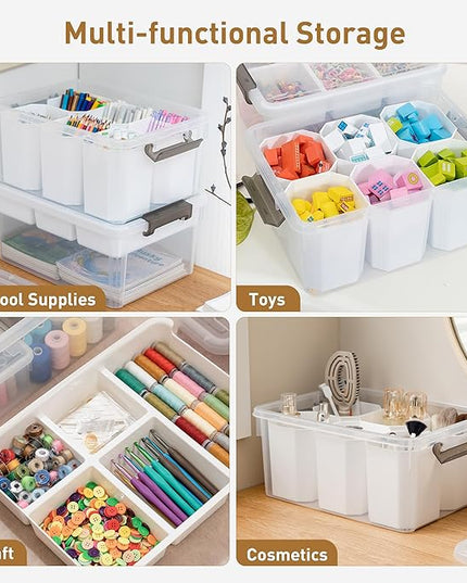 Citylife 17 QT Plastic Storage Box with Removable Tray and 6 Detachable Tall Inserts Craft Organizers and Storage Clear Storage Container for Organizing Crayon, Craft, Sewing, Playdoh, 4 Packs