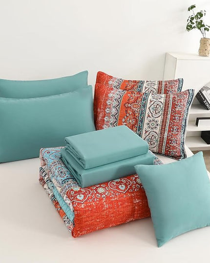 Cottolester Boho Queen Comforter Set 8 Pieces, Terracotta Comforter Bohemian Striped Bed in A Bag,Soft Microfiber Bedding Set for All Seasons