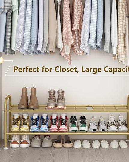 LINZINAR Shoe Rack Long 2 Tier Shoe Storage Organizer Metal Wide Shoe Shelf for Closet Entryway Bedroom 18 Paris Large Capacity, Gold