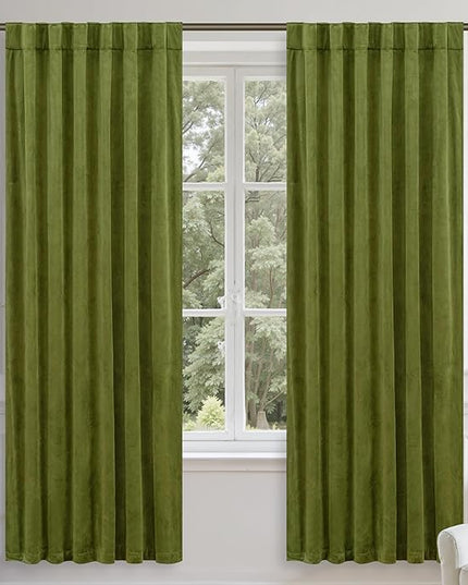 LAMIT Moss Green Velvet Blackout Curtains 72 Inch, Vintage Thermal Insulated Room Darkening Drapes for Living Room Back Tab and Rod Pocket Privacy Window Panels for Bedroom, 2 Panels, 52 x 72 Inch