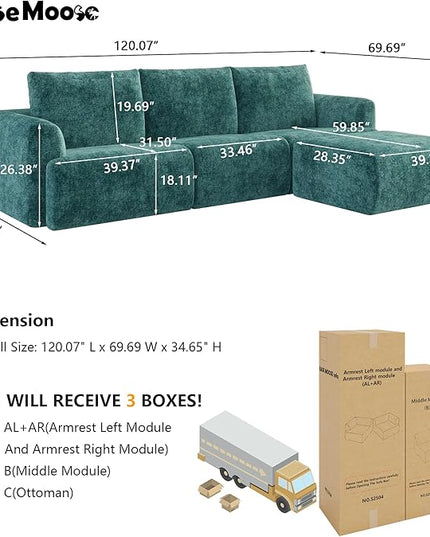 EASE MOOSE Sectional Cloud Couch for Living Room, Modular Boneless Sofa Large L-Shaped, Modern Cloud Sofa Set with Fluffy Foam, Oversized 4-Seater Deep Sofas with Ottoman for Bedroom, Chenille (Blue)