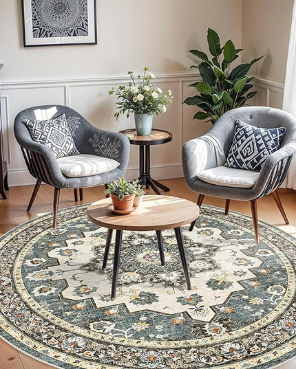 Washable Oriental Area Rug - 9ft Round Rugs for Living Room Soft Carpet for Bedroom Waterproof Floral Distressed Indoor Stain Resistant Non-Shedding Floor Carpets (Blue, 9ft-Round)