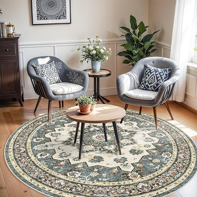 Washable Oriental Area Rug - 6ft Round Rugs for Living Room Soft Carpet for Bedroom Waterproof Floral Distressed Indoor Stain Resistant Non-Shedding Floor Carpets (Blue, 6ft-Round)