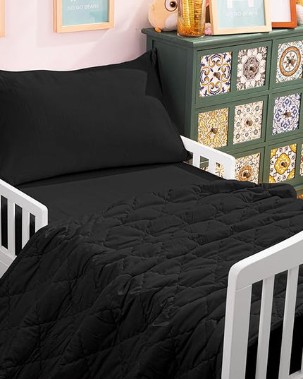 NTBAY Toddler Bedding Set - 4 Piece Soft and Breathable Crib Bedding Set for Boys and Girls, Includes Quilted Comforter, Fitted Sheet, Flat Top Sheet and Envelope Pillowcase, Black