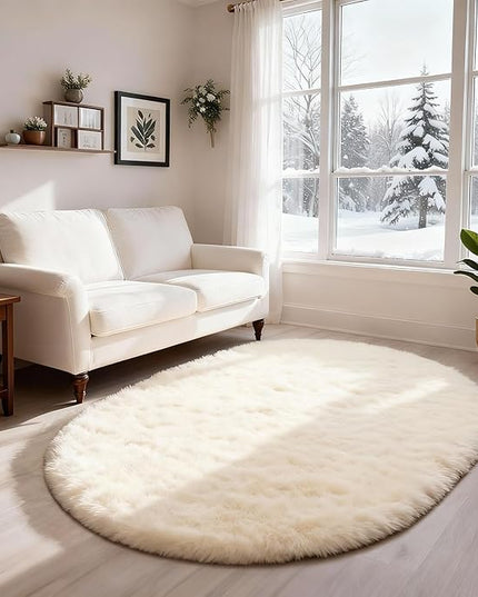 Ophanie 4x6 Oval Ivory Rugs for Bedroom Living Room, Fluffy Fuzzy Furry Carpet, Plush Soft Shaggy Bedside Indoor Floor Area Rug for Kids Girls Boys Baby Teen Dorm Nursery Home Decor Aesthetic
