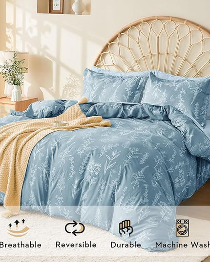 MUXHOMO Blue Full Comforter Set, Elegant Floral Print Bed in a Bag 7 Pieces, Ultra Soft & Breathable Reversible Botanical Pattern Bedding Set with Comforter, Sheets, Pillowcases, and Shams