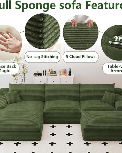 107" Cloud Couch Modular Sectional Sofa for Living Room, U-Shape Boneless Couch with Deep Seat, Modern Corduroy 3-Seater with Ottoman, No Assembly Required (Green,Left-Facing Chaise)