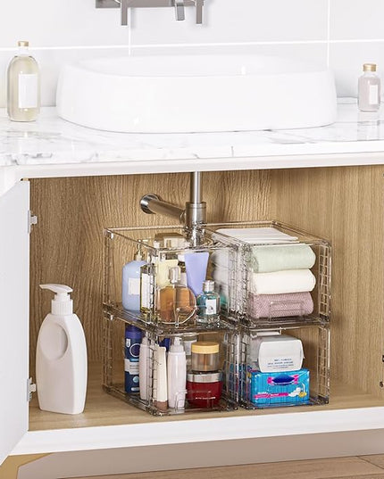 Vtopmart 2 Pack Large Stackable Storage Drawers,Clear Acrylic Drawer Organizers with Handles, Easily Assemble for Bathroom,Kitchen Undersink,Cabinet,Closet,Makeup,Pantry organization and Storage