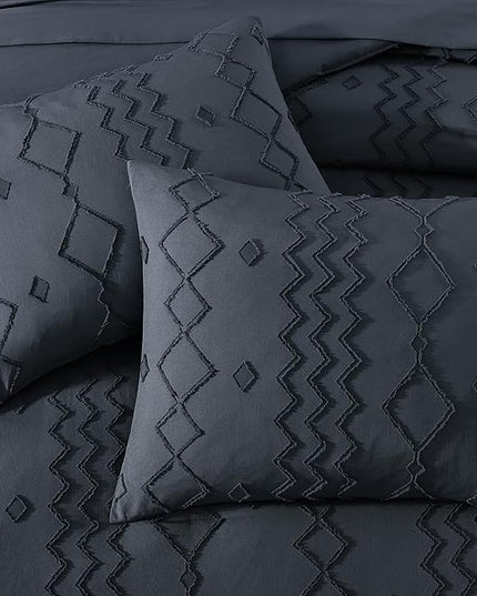 King Size Comforter Set Navy Blue, Tufted Boho Bedding Farmhouse Bed Set, All Season 7 Pieces Bed in a Bag with Sheets, Pillowcases & Shams