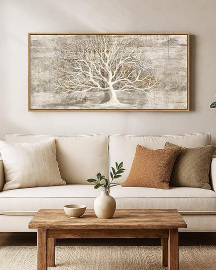 Framed Vintage Tree of Life Wall Art, Neutral Rustic Farmhouse Tree Canvas Painting Print Artwork for Walls, Gray White Beige Modern Abstract Forest Picture for Living Room Bedroom Office Wall Decor