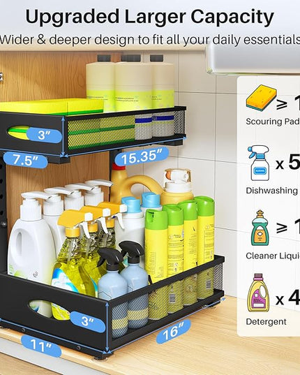 Under Sink Organizer, 2 Pack 2 Tier Pull Out Under Cabinet Organizer Shelf with Pad for Framed Cabinets, Metal Slide Out Under Sink Storage, Mesh Sliding Drawers for Kitchen Bathroom Laundry, Black