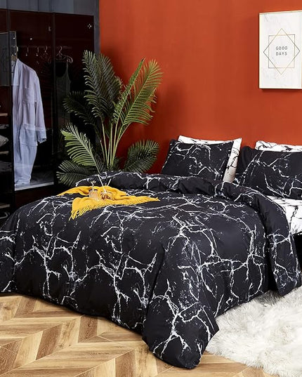 CLOTHKNOW Black White Queen Comforter Set 3Pcs Marble Bedding Comforter Sets Abstract Comforter Queen Men Women Black Queen Size Comforter Sets