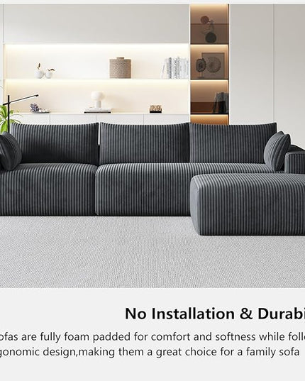 108”Modern Modular L-Shape Couch with Chaise, Modular Sectional Couches for Living Room, Deep Seat Boneless Sofa Bed, No Assembly Required Sleeper Sofa, Plush Corduroy Fabric, Dark Gray