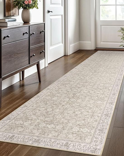 2.6x10 Washable Runner Rug for Kitchen, Cream Beige White Grey Soft Classic Runner with Non-Slip, Non-Shedding Distressed Floral Rug for Hallways Entryway Bedroom Laundry Indoor