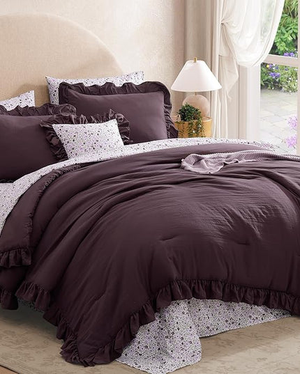 King Comforter Set - 7 Pieces Ruffle Purple Bedding Sets, Shabby Chic Farmhouse Bed in a Bag King with Ruffle Comforter, Floral Sheets, Pillowcases & Shams