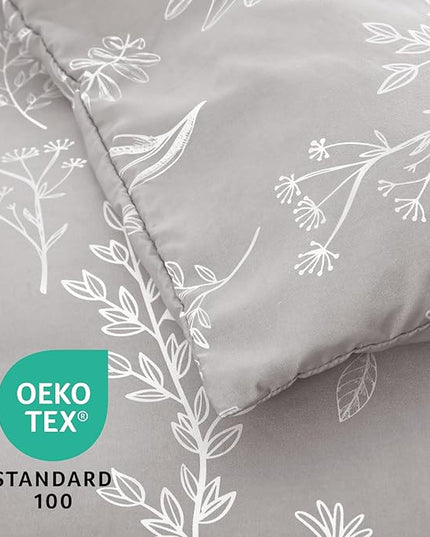 MUXHOMO Silver Grey Full Comforter Set, Elegant Floral Print Bed in a Bag 7 Pieces, Ultra Soft & Breathable Reversible Botanical Pattern Bedding Set with Comforter, Sheets, Pillowcases, and Shams