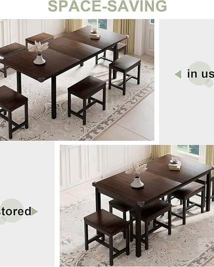 Feonase 7-Piece Dining Table Set with 6 Stools, 63 Inch Extendable Kitchen Table for 4-8, Kitchen Room Set with MDF Board & Metal Frame, Farmhouse Table, Space-Saving, Espresso