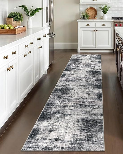 IOHOUZE Abstract Runner Rug 2x10 Ft Washable Runners for Hallways, Non Slip Kitchen Runner Printed Faux Wool Entryway Runner Indoor, Modern Abstract Floor Carpet for Hall Kitchen, Black Gey