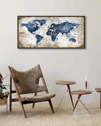 World Map Canvas Wall Art Navy World Maps for Wall Vintage Modern Wall Art for Office Framed Pictures for Living Room Bedroom Wall Decoration for Home Office Decor Artwork for Walls 20x40IN