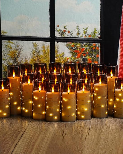 Flickering Flameless LED Candles,Battery Operated Candles 24 Pcs with Embedded Star String,Acrylic LED Pillar Candles with Remote,Suitable for Home Decoration to Create an Atmosphere (Grey)