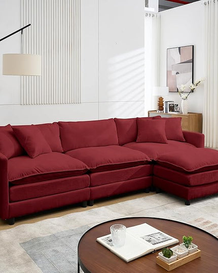 Modular Sectional Sofa,108.27'' Modern Sofa Sleeper Couch with 3 Seat & 1 Ottoman & 3 Pillows Sofa Set, Comfy Cloud Couches with Movable Ottoman for Living Room,Chenille (Wine red, L Shaped)