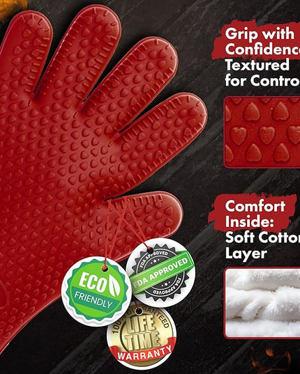 KITCHEN PERFECTION Silicone Smoker Oven Gloves - Extreme Heat Resistant BBQ Gloves - Handle Hot Food Right on Your Smoker Grill Fryer Pit | Waterproof Oven Mitts | Superior Value Set + 3 Bonuses