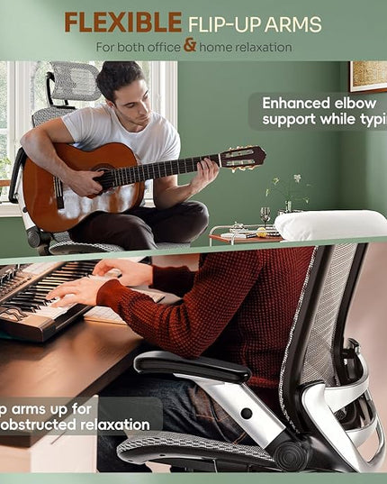 GABRYLLY Ergonomic Office Chair, High Back Home Desk Chair with Headrest, Flip-Up Arms, 90-120° Tilt Lock and Wide Cushion, Big and Tall Mesh Chairs for Man Woman, Grey Task Chair