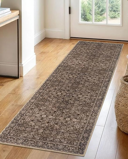 2x6 Washable Runner Rug for Hallways, Rust Reddish Brown Soft Neutral Vintage Kitchen Rugs with Non-Slip, Non-Shedding Distressed Floral Rug for Bedroom Kitchen Porch Laundry Entryway