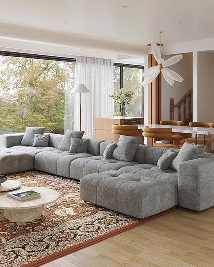 JACH 183.5 Inch U-Shaped Modular Sectional Sofas, Modern 4-Seater Couch with Chaise Ottomans, Mid Century Modern Sectional Couches, Cozy Sleeper Sofa for Living Room (Linen Fabric, Grey)