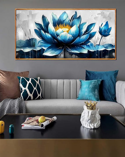 Ouzzlie Large Flower Wall Decor Blue Wall Art for Living Room Gold Art Lotus Posters for Home Office 29" x 59"