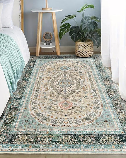 Blue Rug 3x5,Washable Area Rugs for Bedroom Living Room Kitchen Entryway,Small Boho Vintage Bohemian Distressed Oriental Non Slip Carpet,Floral