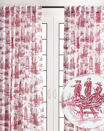 Maison d' Hermine Curtains for Living Room 100% Cotton 124 inch Length Two Panels Light Filtering Toile Curtains for Bedroom with Rod and Loop Pockets (Calais Red (White Background), 50" W x 124" L)