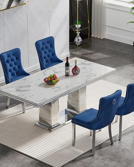 HomVent 68.11'' Faux Marble Dining Table Set for 4, Modern Rectangle Kitchen Table with Stainless Steel Base (Silver Table with 4 Blue Chairs, 5 Pieces)