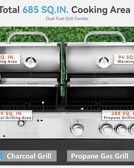 3 Burner Propane Gas and Charcoal Grill Combo with Side Burner & Porcelain-Enameled Cast Iron Grates, 37,000 BTUs 685 SQIN Dual Fuel Outdoor BBQ Grill for Patio Garden Picnic Backyard Barbecue Cooking