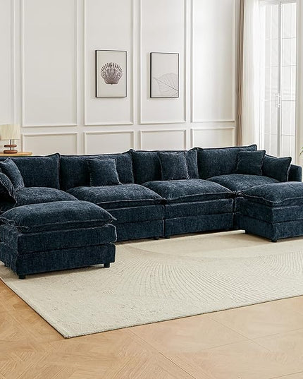 Modular Sectional Sofa, 147.2 Inch U Shaped Couch Set with Armrests, 4-Seater Comfy Cloud Couches with Movable Ottoman for Living Room Apartment, Blue