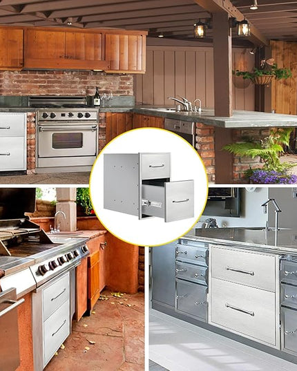 Outdoor Kitchen Drawers 14" W x 21" H x 21" D Flush Mount Double BBQ Drawers with Chrome Handle Stainless Steel Drawer for Outdoor Kitchen Island, Patio Grill Station
