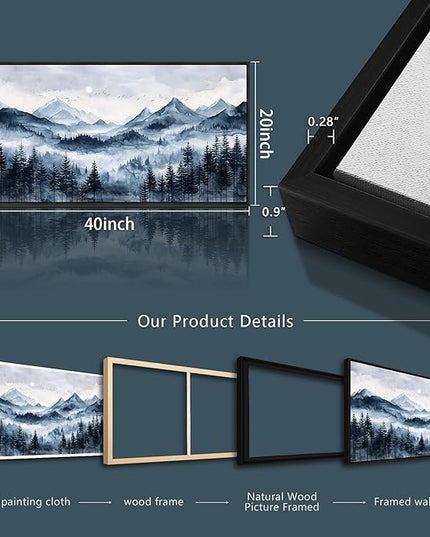 ERQINHUA Black Framed Canvas Wall Art For Bedroom Large Wall Decorations For Living Room Modern Office Mural Misty and Fog Forest Painting Mountain Landscape Pictures Artworks Home Decor 20x40 In