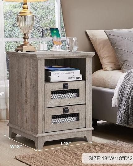 Nightstand with Charging Station,OKD 18'' Industrial & Farmhouse End Table with 2 Drawers & Open Cubby, Rustic Mesh Drawer Sofa Side Table w/Storage for Bedroom, Living Room, Office, Light Rustic Oak